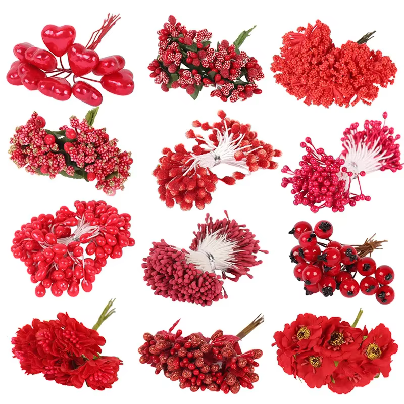 Mini Red Artificial Flowers Stamen Berries Bundle DIY Christmas Wedding Cake Gift Box Wreaths Decoration Fake Flowers Mom gift