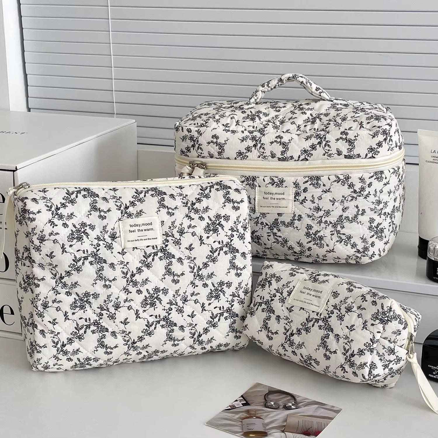 Fashion Ins Black Flower Women Quilting Bags Handbag Travel Organizer Cosmetic Makeup Storage Pouch Portable Zipper Tote Bag