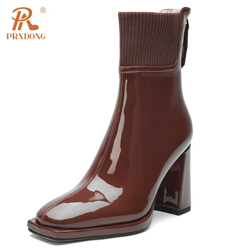 PRXDONG New Brand Genuine Leather Women's Shoes 2023 Fashion Autumn Winter Warm Ankle Boots Square HIgh Heels Dress Work Shoes