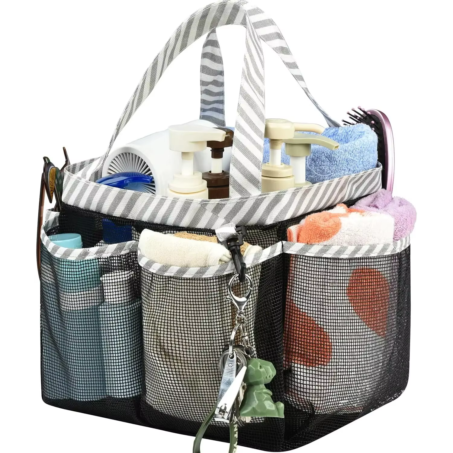 Mesh Shower Caddy Tote, Portable College Bathroom Tote, Quick Hold , 8 Basket Pockets with Key Hook and 2 Oxford Handles-Black