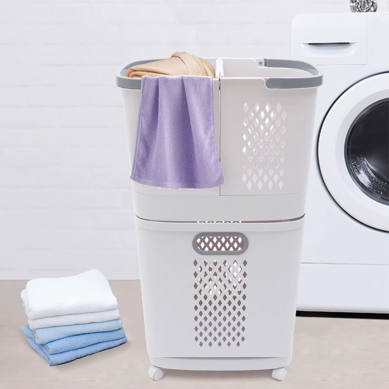 Movable Hand-Held Laundry Basket Clothes Storage Basket with Wheels Bathroom US