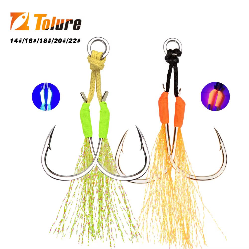 TOLU 10Pcs Metal Jig Tail Assist Hooks 13-22# With PE Line Feather Solid Ring Jigging uv Fishhook for 10-120g Lure Fishing Hooks