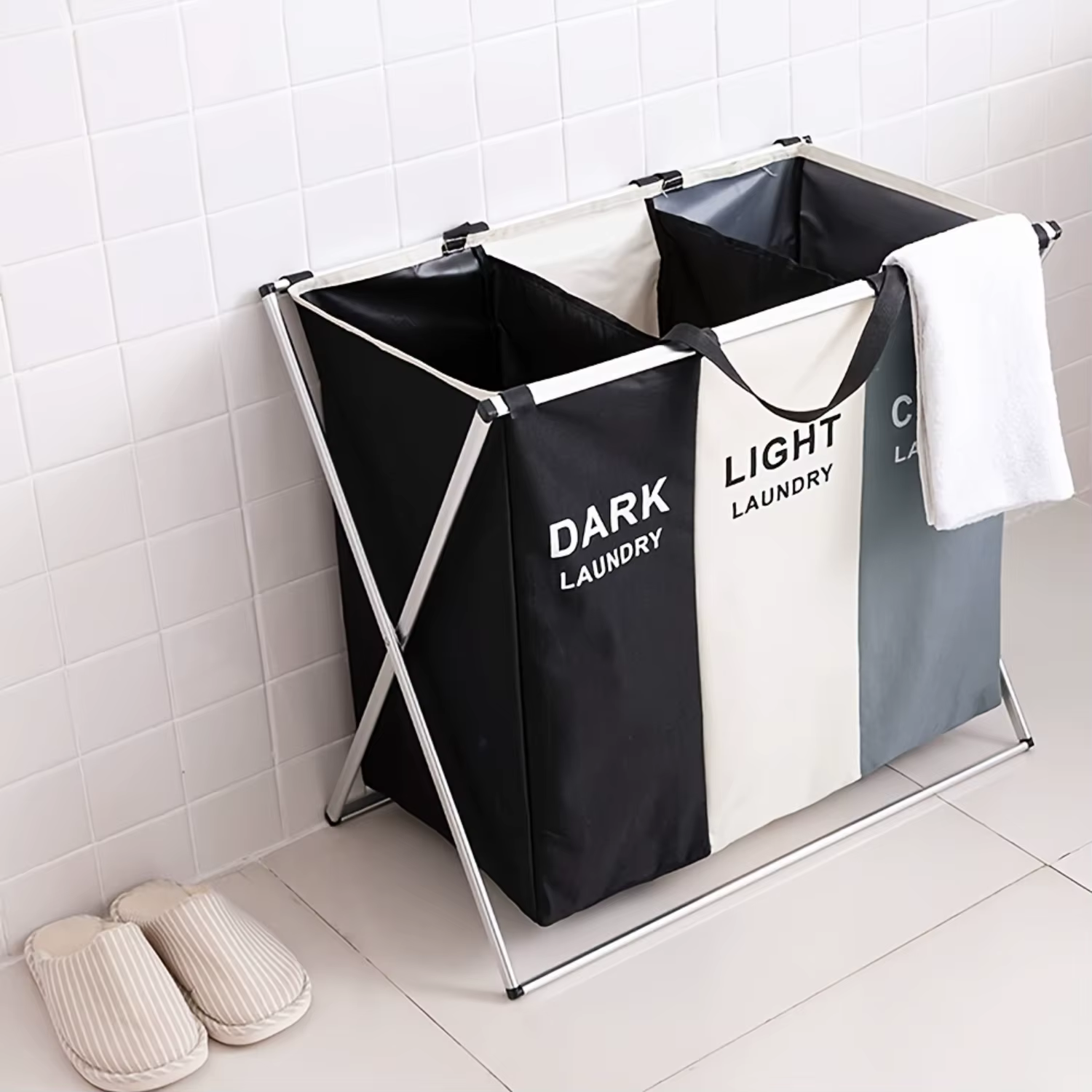 Foldable Laundry Cloth Hamper Sorter Basket Bin with Aluminum Frame, featuring 3 Sections for easy sorting of clean and dirty cl