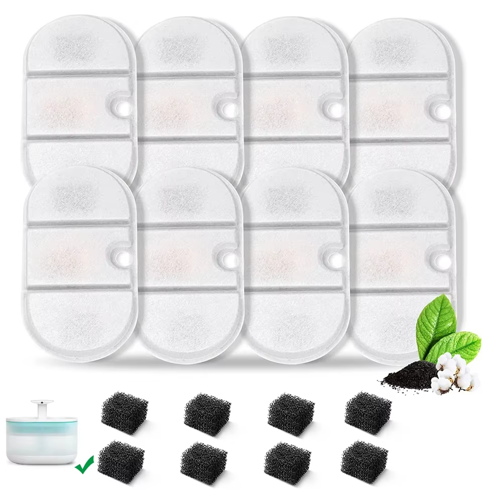 Replacement Filter Cat Water Fountain Filters for 2.1L Pet Water Fountain Contains 4 Cat Fountain Filters and 8 Sponges