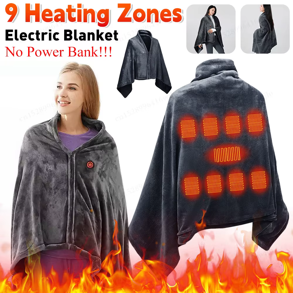9 Areas USB Electric Heated Blanket 3 Heating Levels Fleece Heated Blanket Wearable Heating Lap Blanket for Household and Office