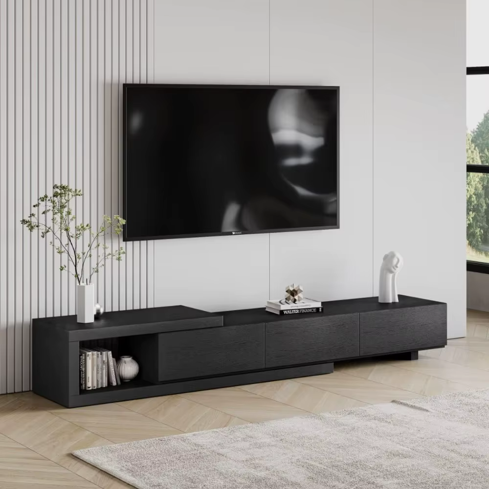 70"-100" Extendable TV Stand with Storage Solid Wood Media Console Modern Retractable Entertainment Center Low Reversible