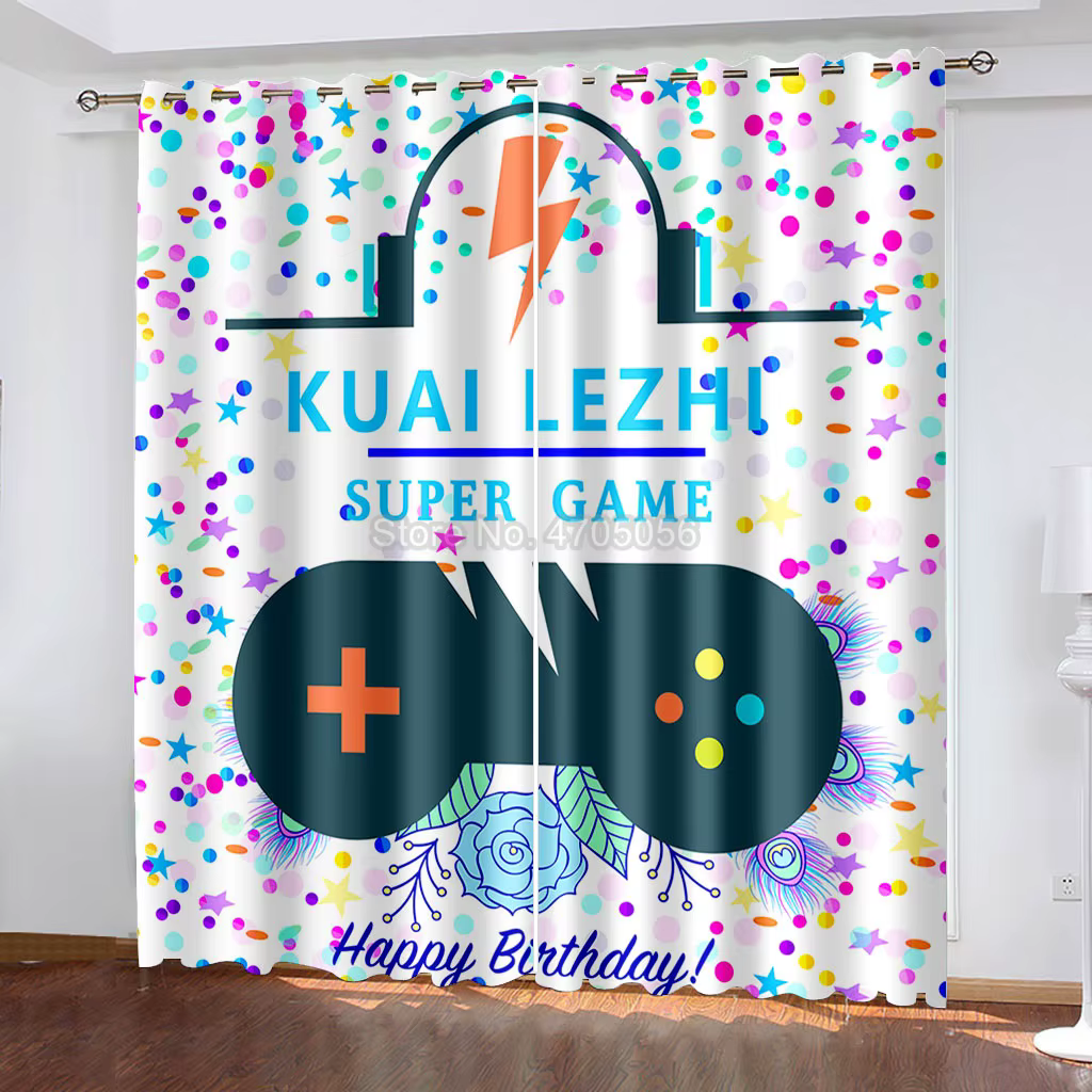 3D Printed Gamepad Blackout Curtains 2 Panels with Rings Top Cartoon Window Drapes Large Size Custom Curtain