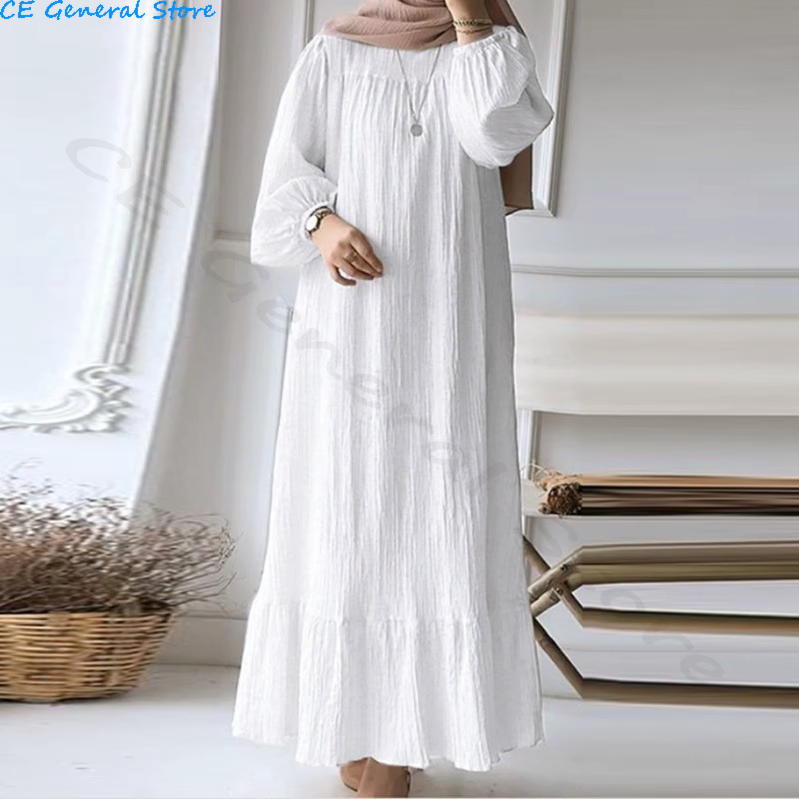 Vintage Solid Ruffles Hem Sundress Robe Femme Turkey Vestido Kaftan Women Fashion O Neck Long Sleeve Muslim Abaya Dress