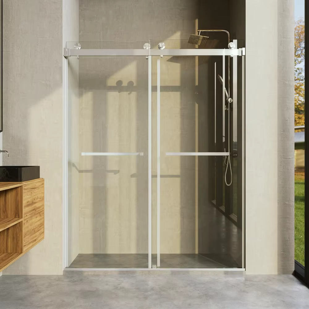Frameless Shower Door, 50"-54" Wide, 76" high, 3/8" (10mm) Clear Tempered Glass with Towel bar, Double Sliding Door