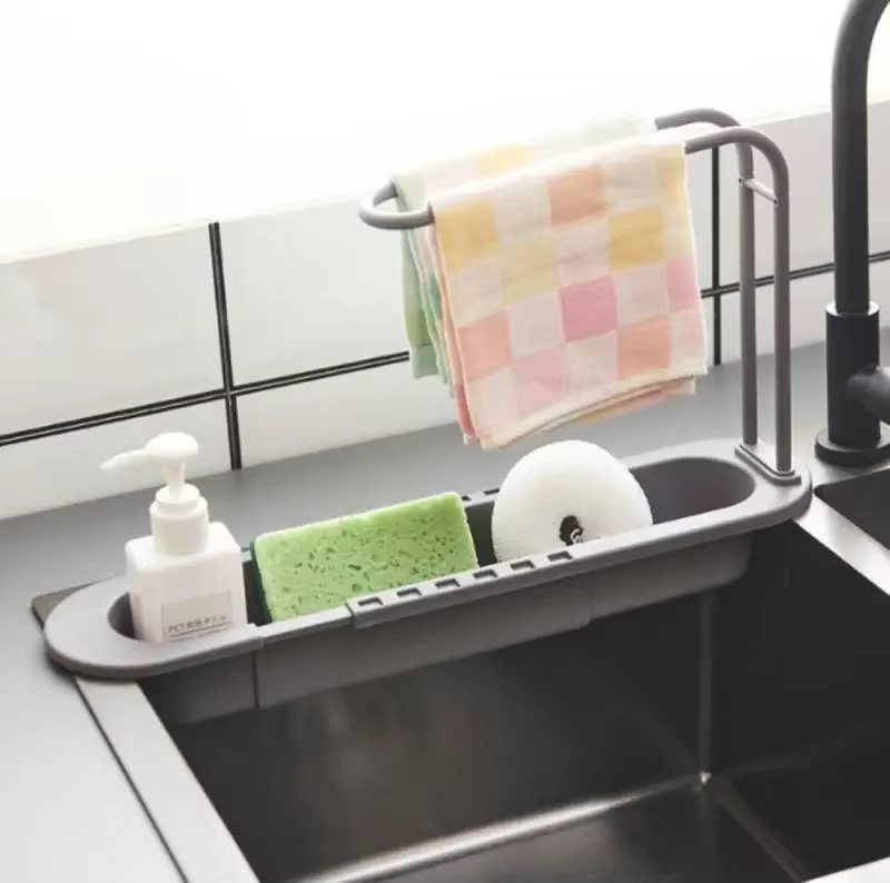 Kitchen Telescopic Sink Shelf Drainer Rack Kitchen Organizer Soap Sponge Holder Towel Rack  Basket Kitchen Accessories Skimmer