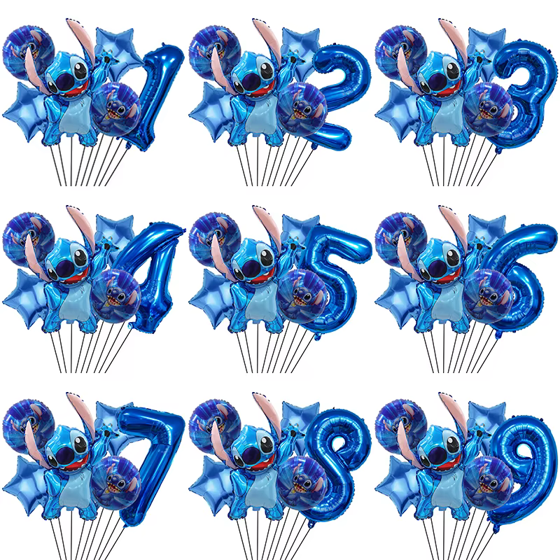6 Pcs Blue Stitch Foil Balloons Set Digit 1-9 Years Old Balloons Cartoon Stitch Themed Baby Shower Kids Birhday Party Decoraions
