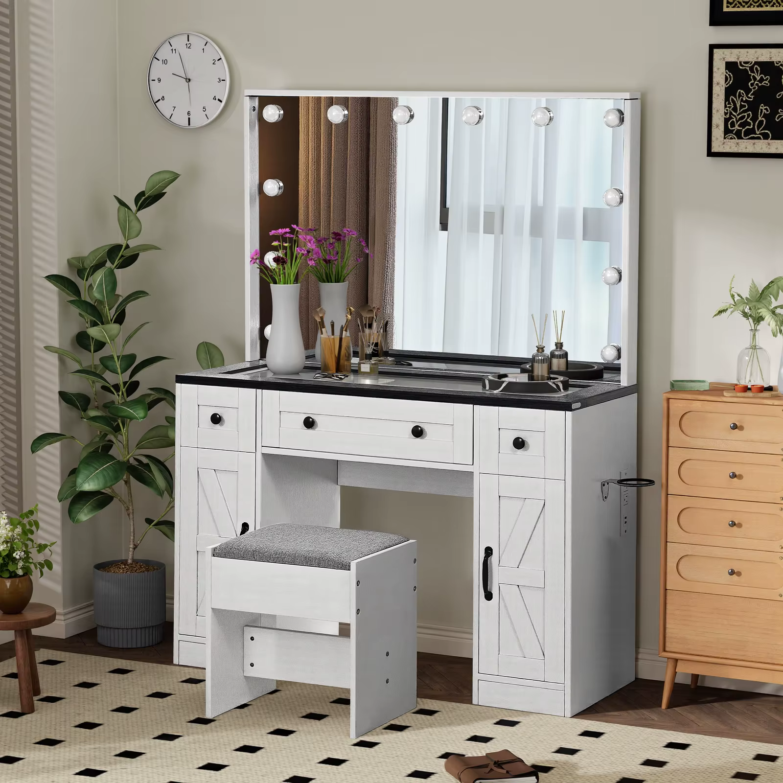 Farmhouse Vanity Desk w/ Lighted Mirror Hollywood Makeup Desk w/ 3 Drawers & 2 Cabinets 43" Dressing Vanity Table Stool Included