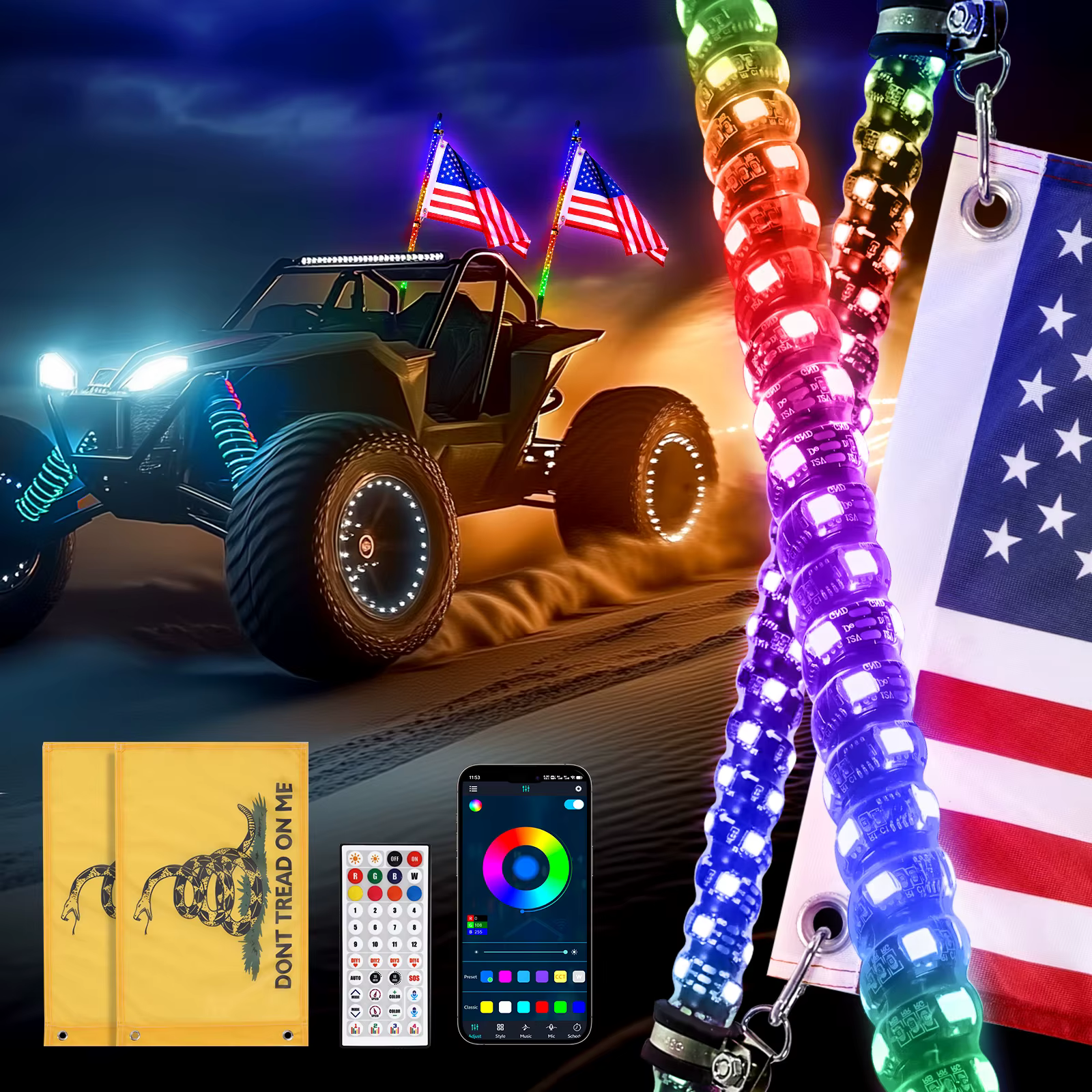 1/2PCS 3FT LED Whip Light RGB Waterproof Multi-Color Flagpole Lamp Bowlight for Offroad Sand Rails/Buggies SxS ATV/UTV Trucks