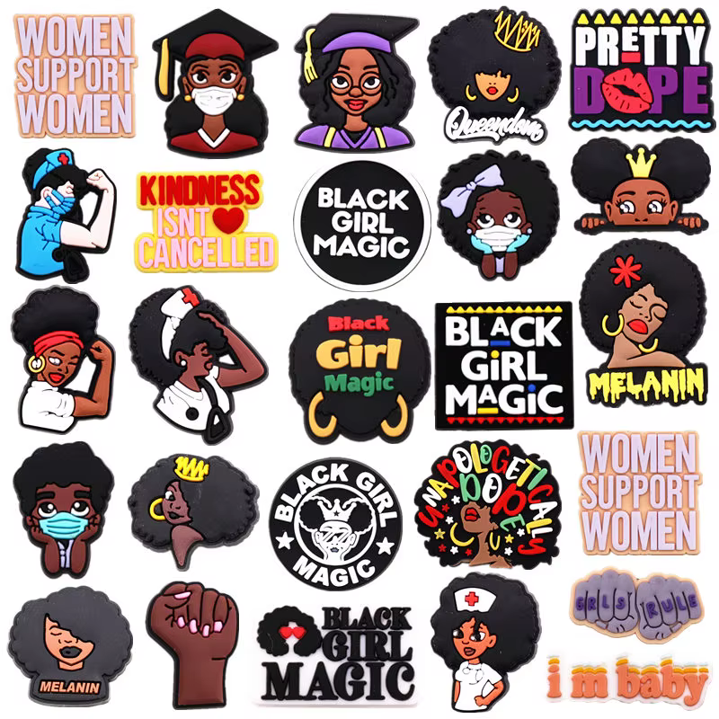 Black Girl Magic Shoe Charms Accessories PVC Support Women Nurses Shoes Buckle Decoration Fit Kids Party X-mas Gifts