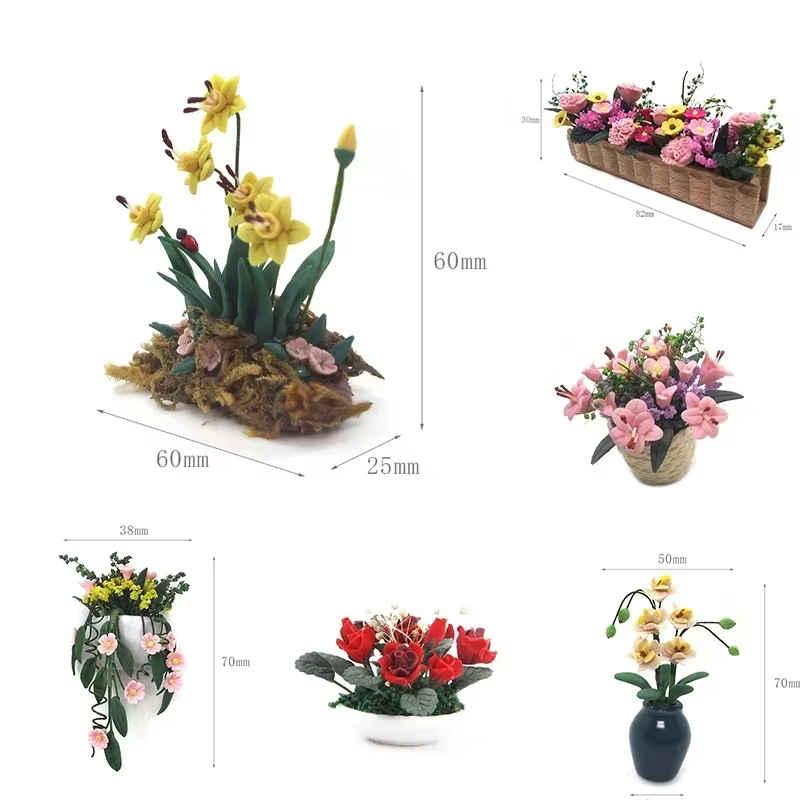 1/12 Dollhouse Mini Clay Rose Potted Plant Miniature Simulation Flower Accessories  Model Toys for Doll House Decoration