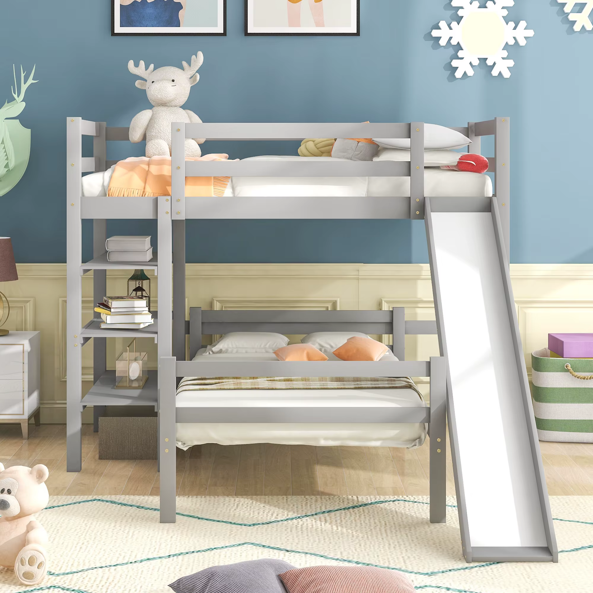 Twin / Full Size Loft Bed with Shelves over Twin Separate Platform Bed Two Colors Bedroom Furniture