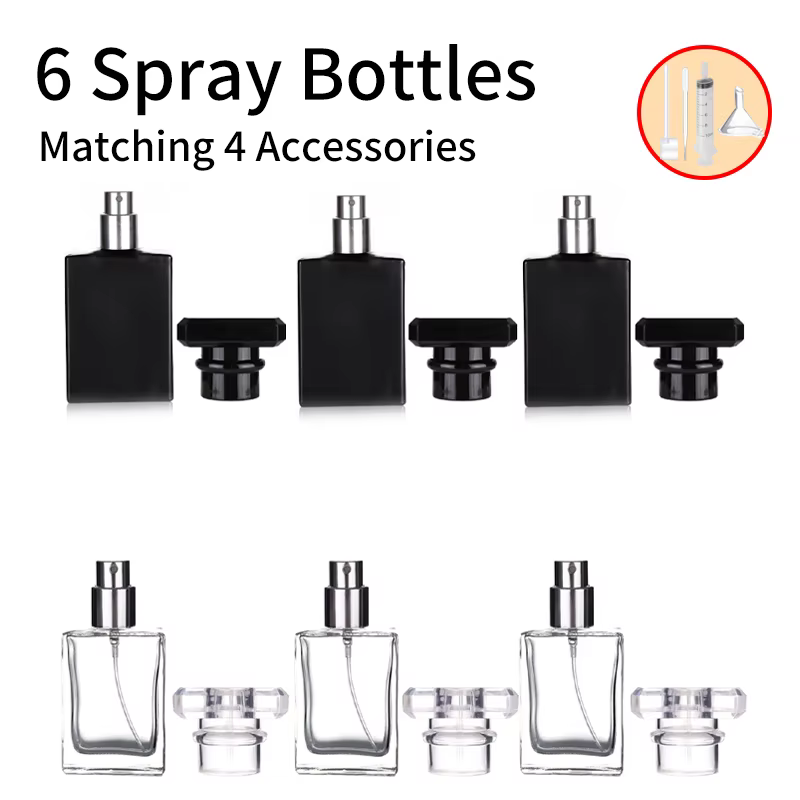 6Pcs+4 Accessories 30ml/1 oz Clear Black Refillable Perfume Bottle, Portable Square Empty Glass Perfume Mist Bottle.