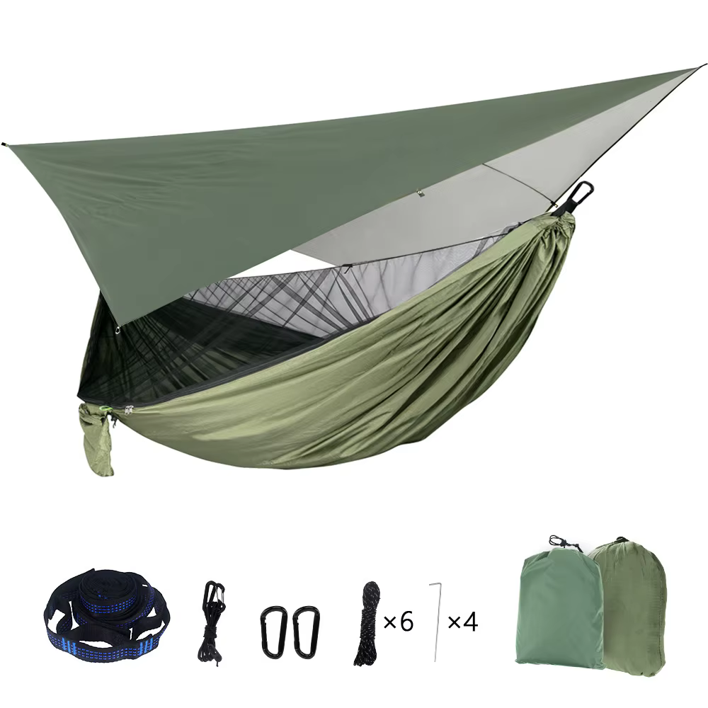 Portable Mosquito Net Nylon Camping Hammock with Waterproof Rain Fly Canopy Tarp  for Outdoor Hanging Bed Sleeping