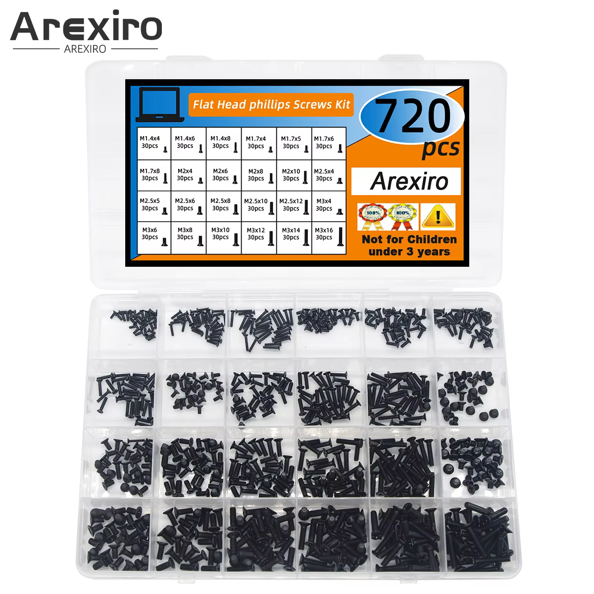 720pcs Countersunk Flat Head Phillips Small Mini Screw Set M1.4-M3 Carbon Steel Computer Notebook Laptop Screws Kit