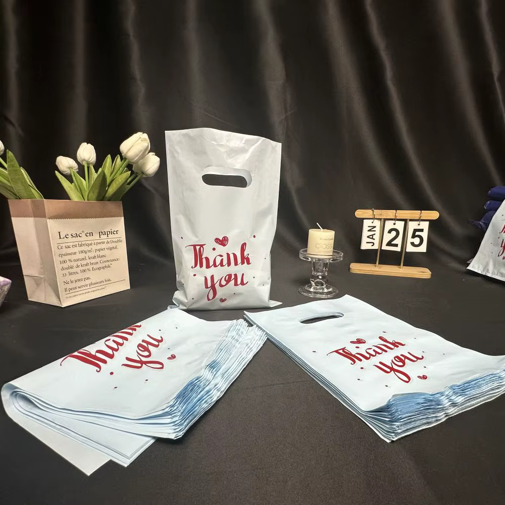 500/250pcs Thank You Gift Bags Pale Blue PE Retail Shopping Bags,cheap plastic bags for small business supplies packing bags