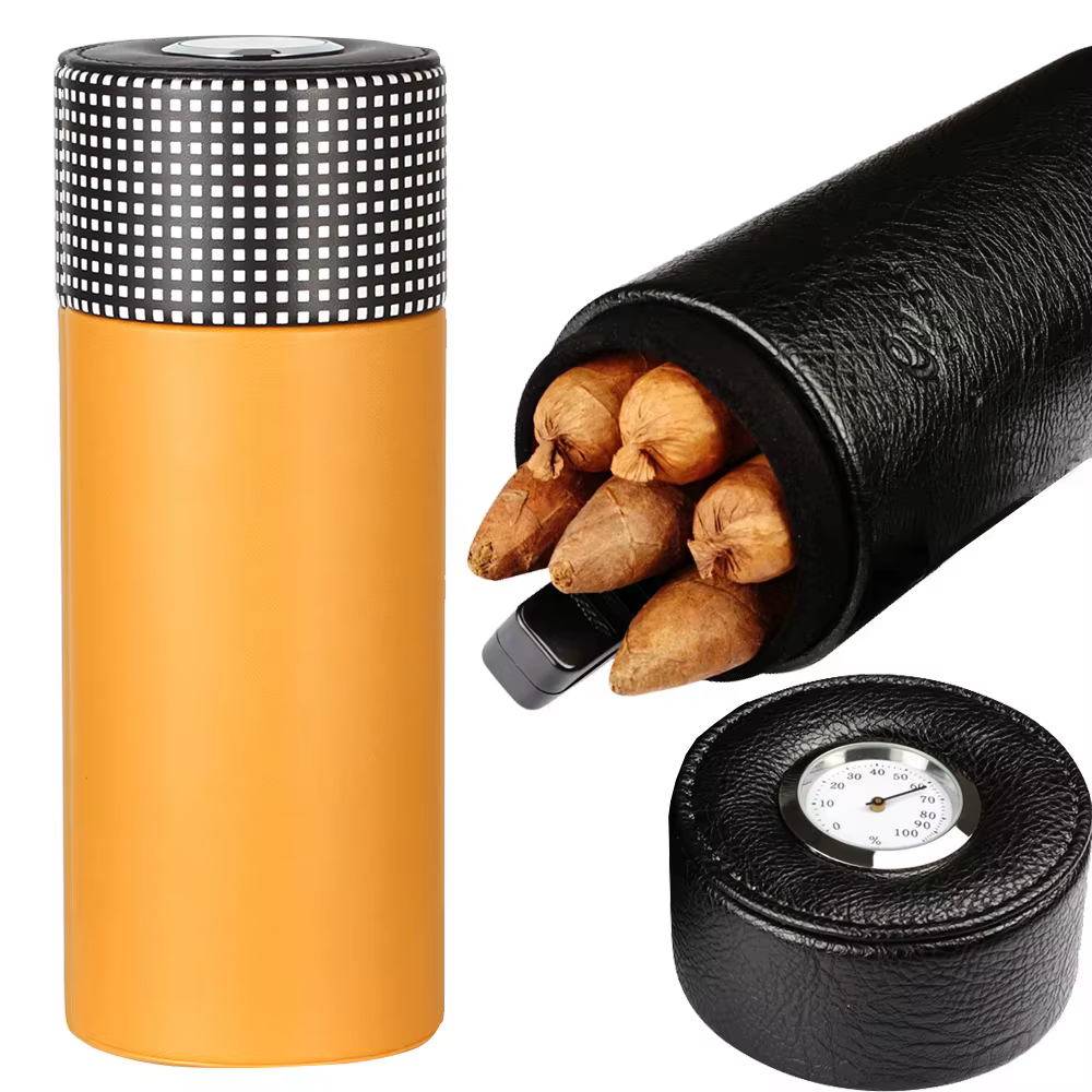 Leather Cigar Tube Jar Portable Cedar Wood Humidor Box Cigar Case W/ Humidifer Hygrometer Fit 5 Cigars Humidor