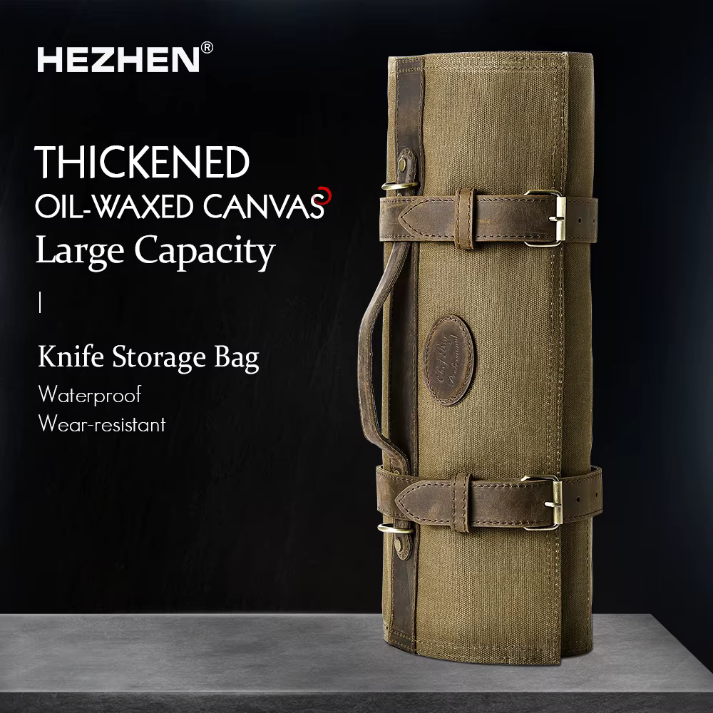 HEZHEN Chef Knife Bag Kitchen Accessories Kitchenware Knife Organizer Oil Wax Canvas Crazy Horse Lather Knife Roll Bag