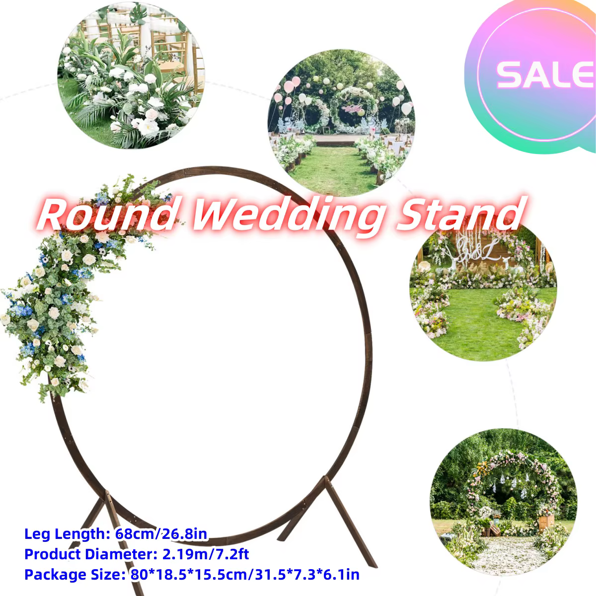 7.2FT Round Backdrop Stand Rustic Wedding Arches for Ceremony Elegant Wooden for Outdoor Lawn Party