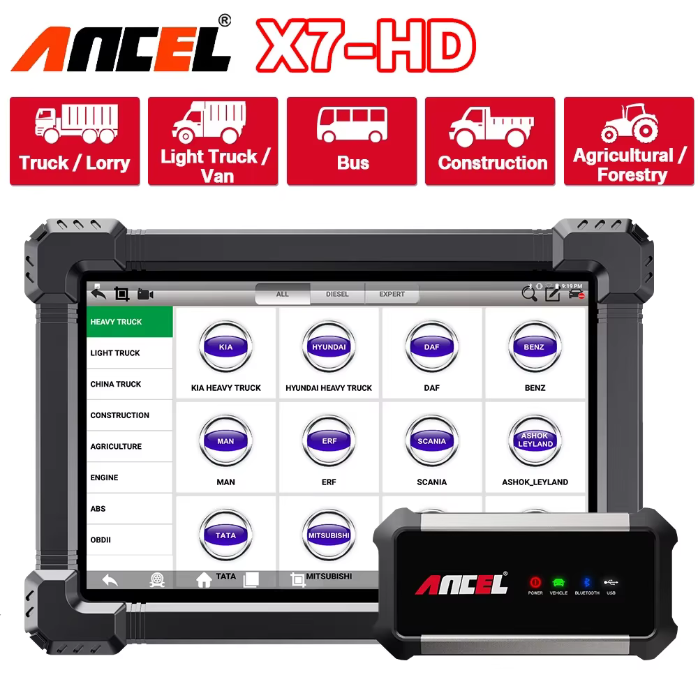 2024 Ancel X7 HD 24V 12V Diesel Heavy Duty Truck Scanner ECU Coding All System Oil Reset Bi-directional Control Diagnostic Tools