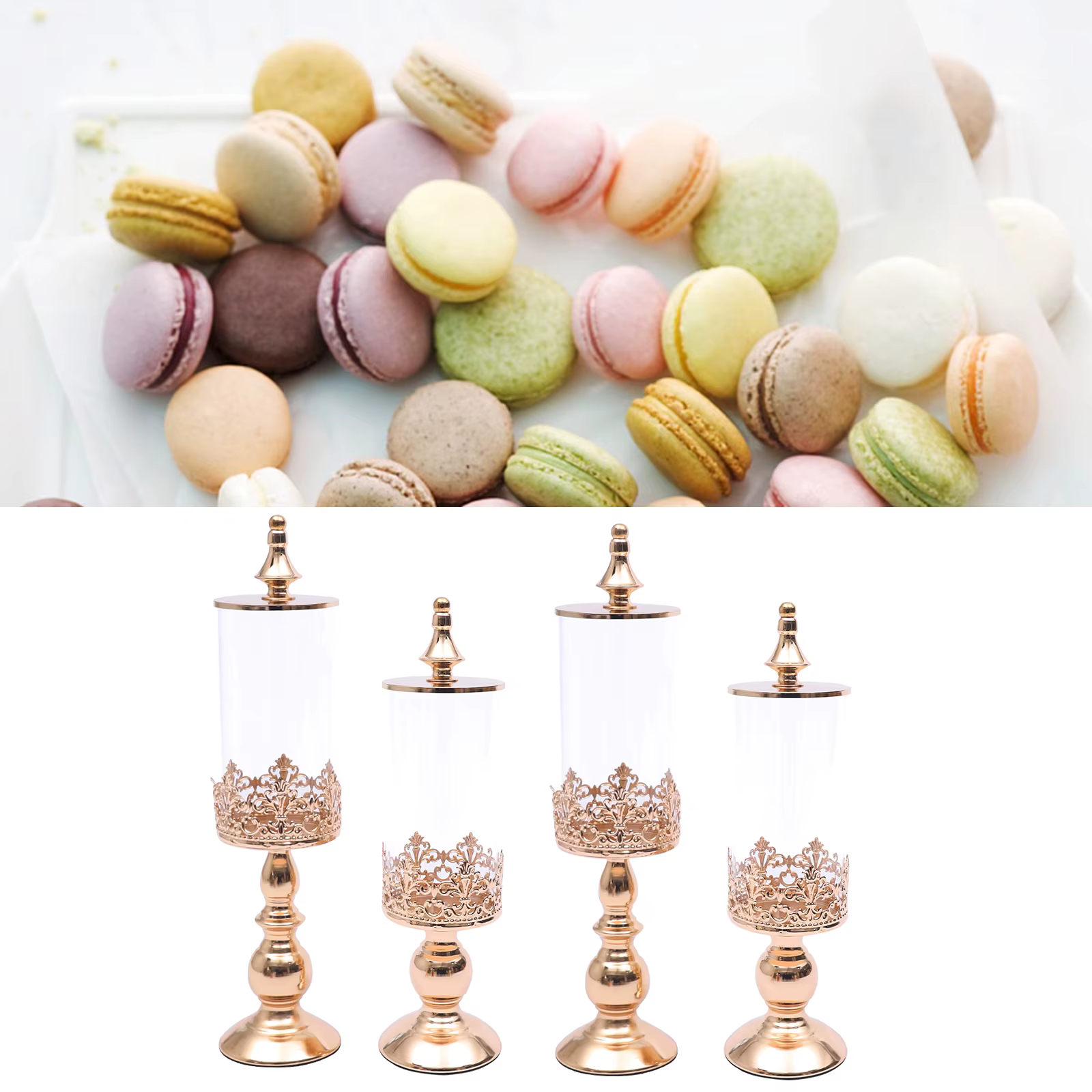 4Pcs Candy Jars Set, Sugar Bowls Acrylic Candy Storage Jars W/ Lid Cute Cake Stand Gold Party Wedding Desserts Decorative