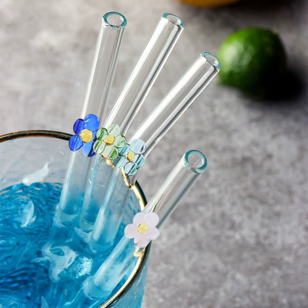 Glass Flower Glass Straws Transparent Heat-resistant Straight Bend Straws Drinkware Reusable Juice Drink Blender Stick