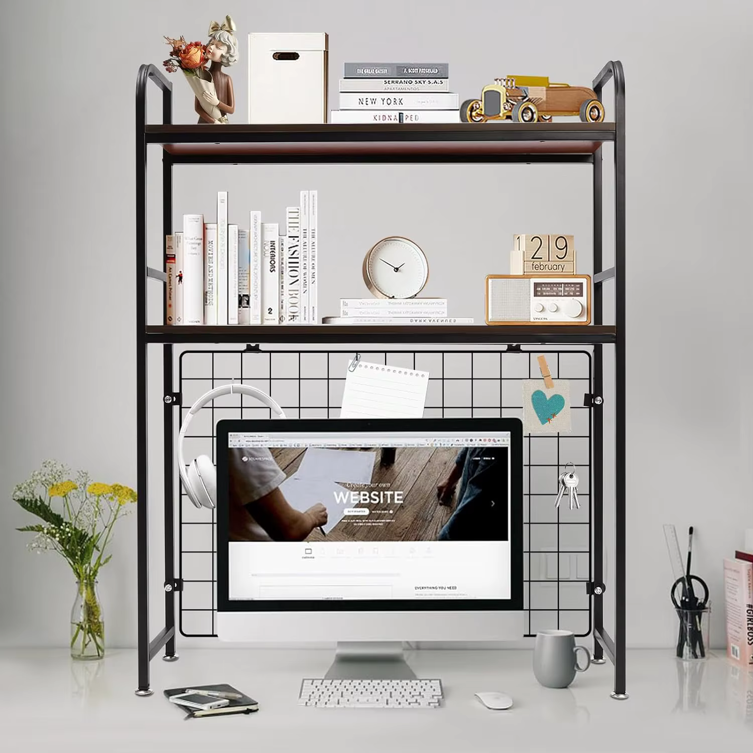 Bookshelf Tabletop 2-tier Holder Rack Countertop Shelf Dorm Adjustable with Hook Black Large Bookcase for Adult and Students