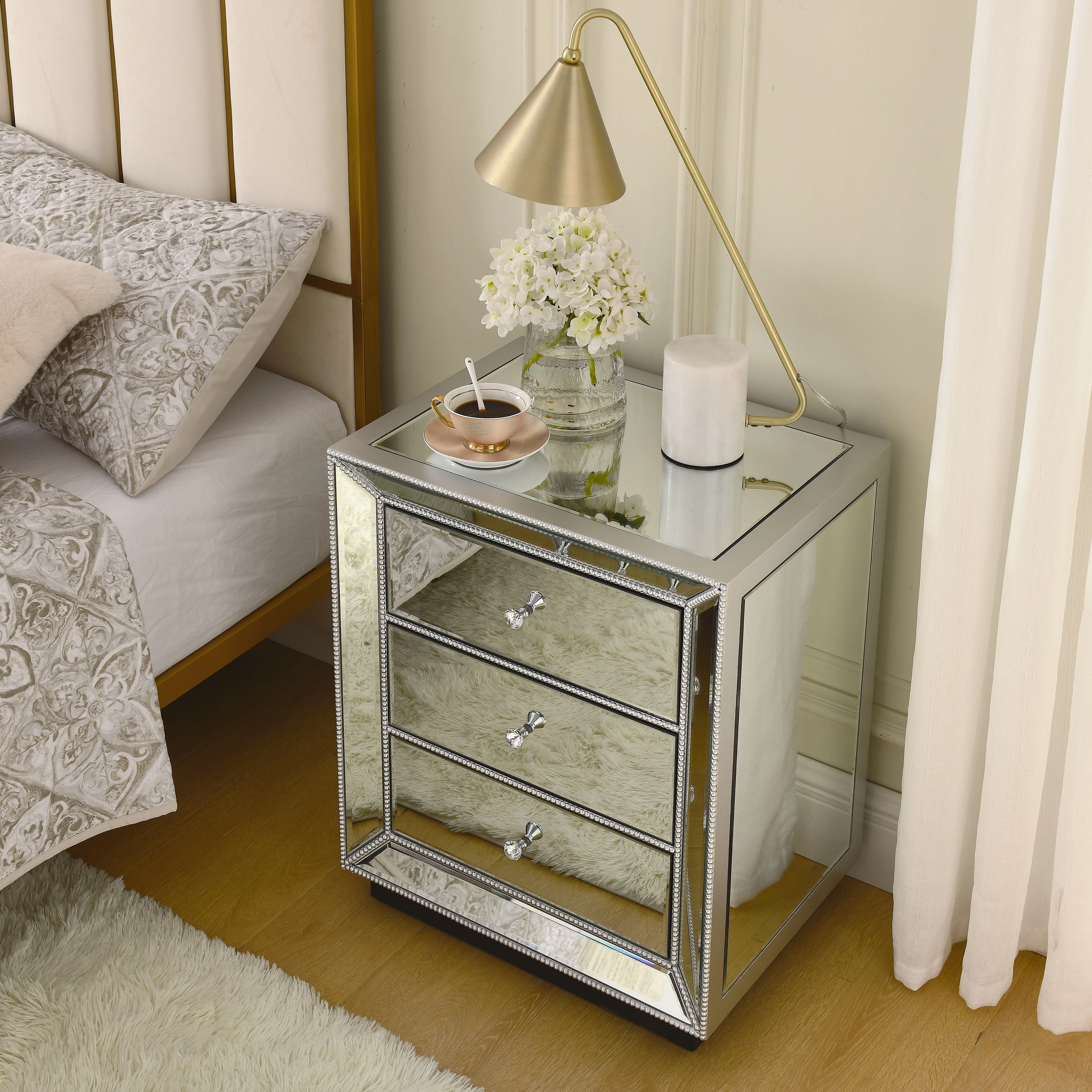 W 22"X D 16 ' X 26.8" Flash silver mirror three drawer cabinet
