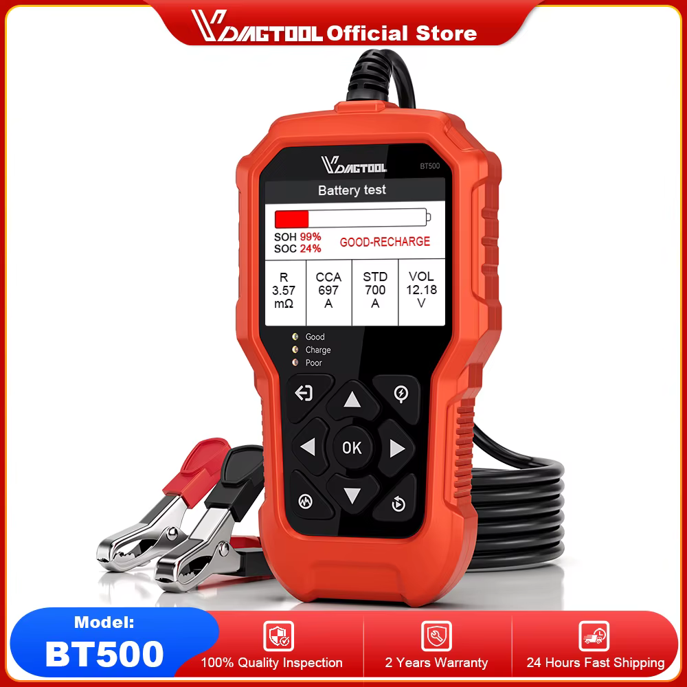 2024 VDIAGTOOL BT500 6V/12V/24V Car Battery Tester 5-3000 CCA Auto Moto Battery Analyzer Automotive Cranking Charging Test Tools