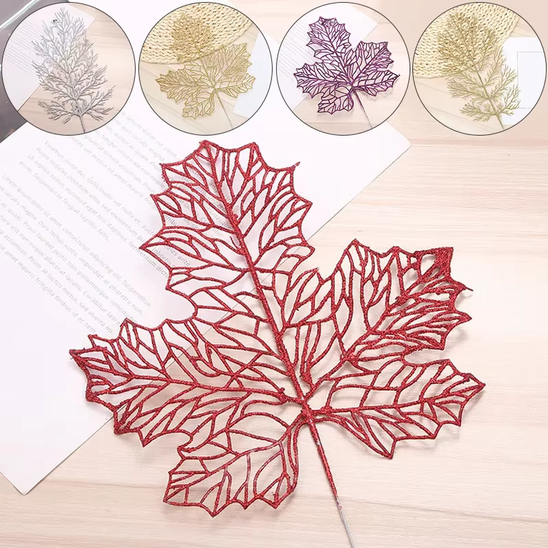 Glitter Artificial Flowers Fake Leaves Christmas Tree Decor Hanging Ornament Hollow Out Leaves Home Christmas Wedding Decoration