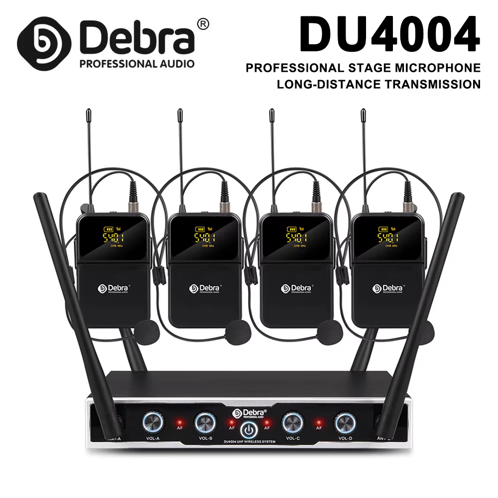 Debra DU4004 Wireless Conference Microphone System, UHF 4-channel, lavalier, headset, handheld microphone, for weddings, karaoke