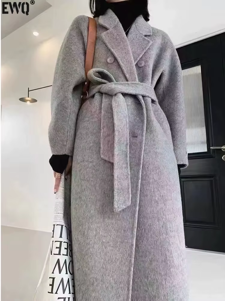 [EWQ] Elegant Long Sleeve Double Breasted Two-faced Cashmere Coat Lace-up Women Winter Warm Woolen Coat 2024 Autumn New 16O2166
