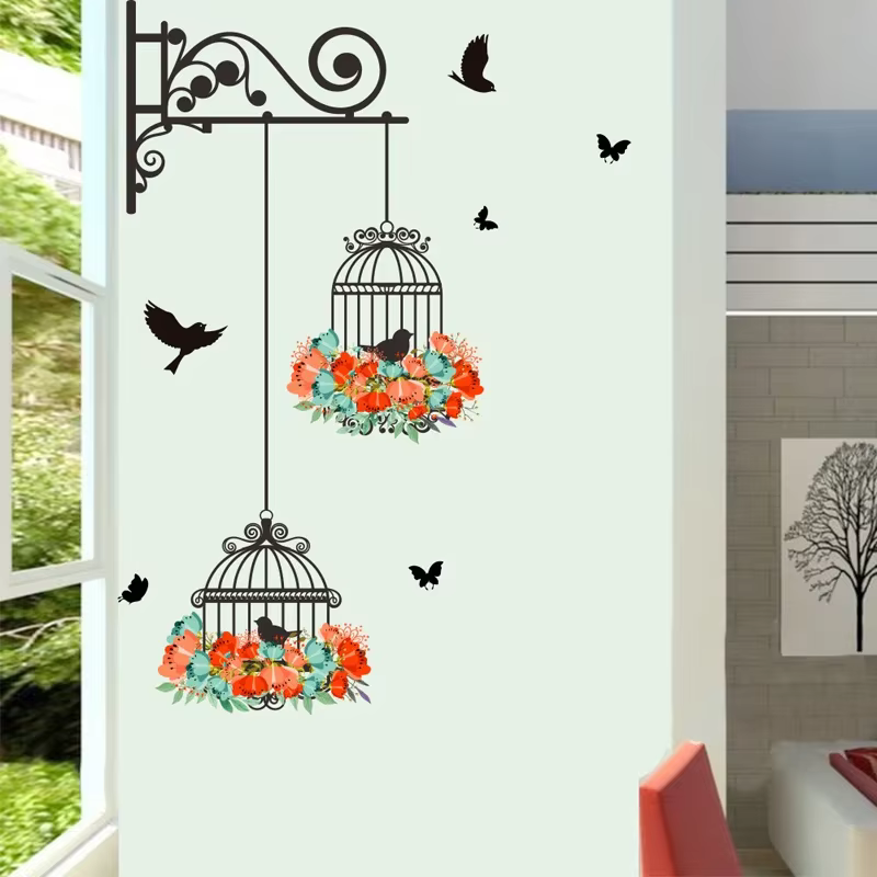 New Colorful Flower birdcage flying birds wall sticker Creative home decor living room Decals wallpaper bedroom nursery window d