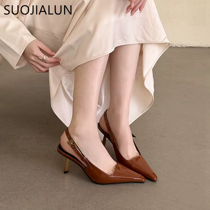 SUOJIALUN 2024 Spring New Band Women Pumps Shoes Fashion Shallow Slip On Slingback Sandals Thin High Heel Dress Sexy Pumps Shoes