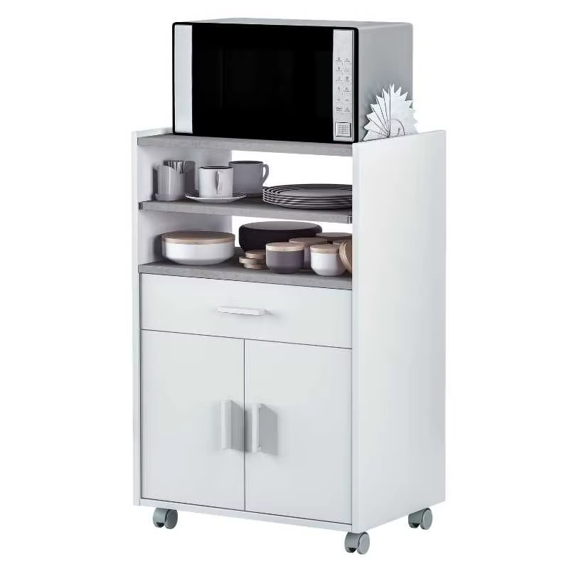 Microwave cabinet, kitchen cabinet with a drawer and two doors, white and cement color, white handles. Measures: 92x59x40 cm