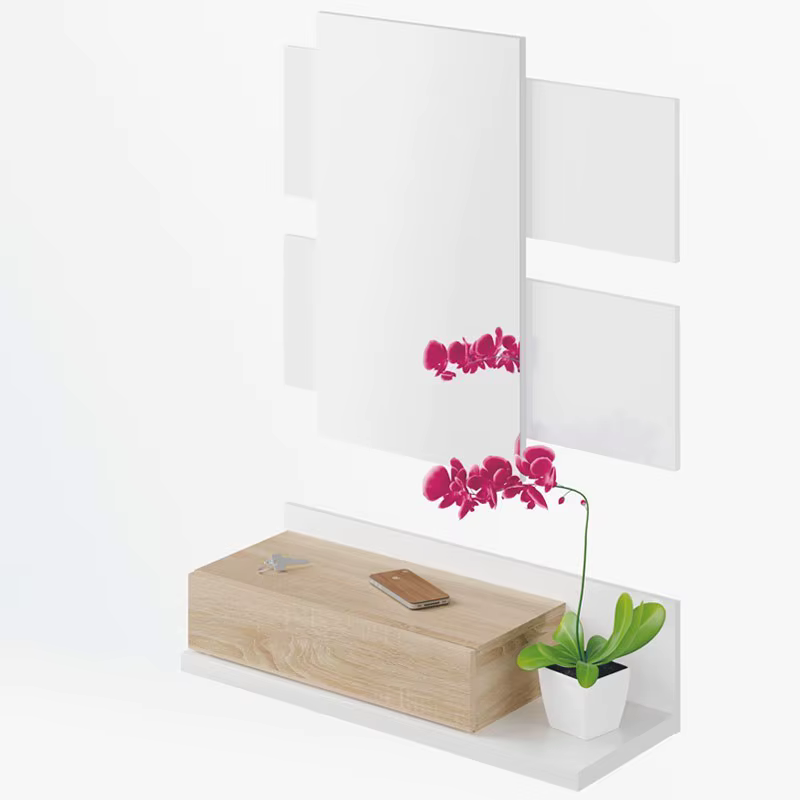 Hall with drawer and mirror, entrance furniture Canadian oak-white Artik. Measures: 75x116x29 cm