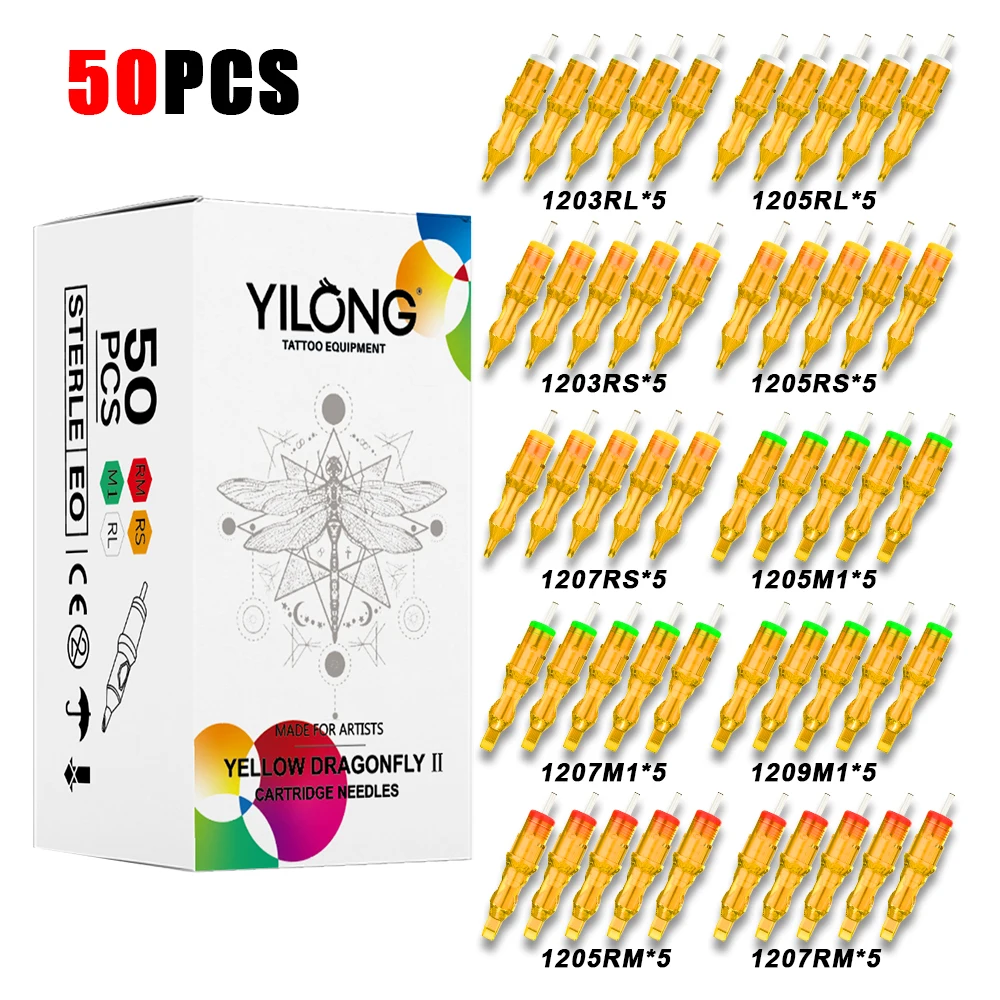 YILONG 50PCS MIX Tattoo Needles Disposable Professional Permanent Makeup Sterile Tattoo Cartridge Needle for Tattoos Pen Machine