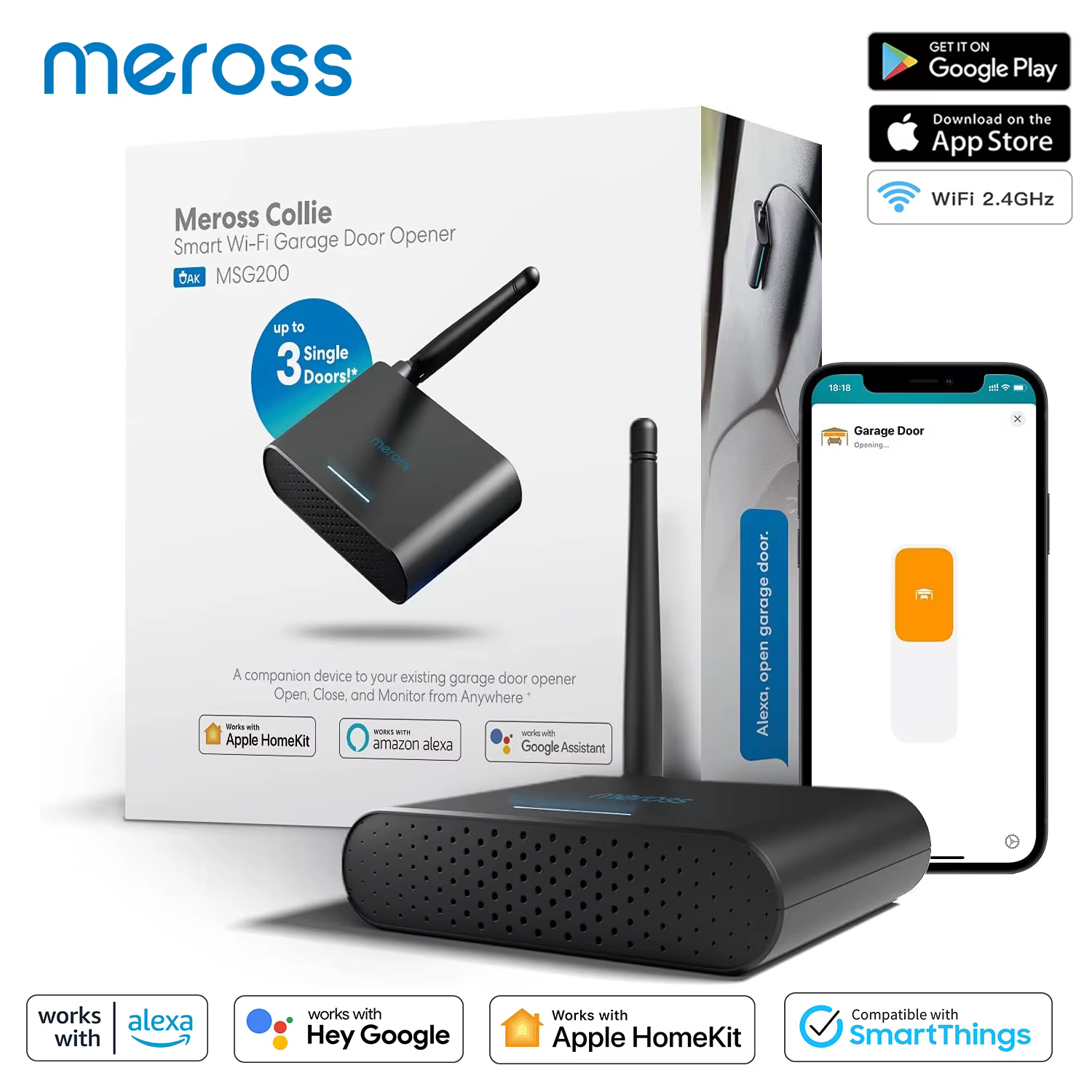 Meross Smart Garage Door Opener with External Antenna Up to 3 Single Doors EU/US/AU/UK Version Support HomeKit Alexa Google Home