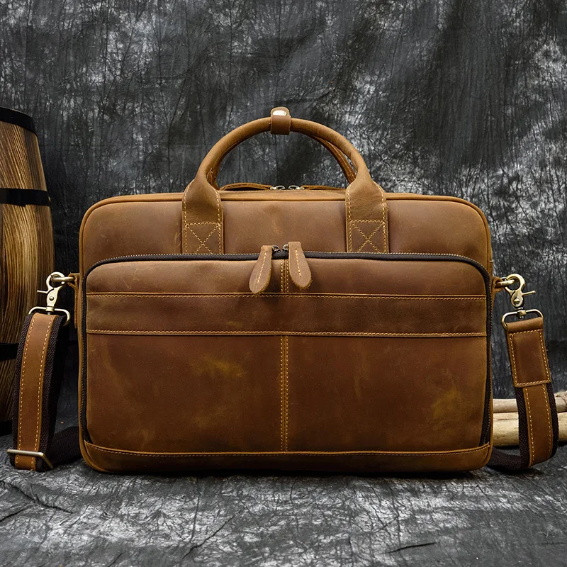 Men Briefcase Genuine Leather Laptop Bag 14 15.6" PC Doctor Lawyer Computer Bag Cowhide Male Briefcase Leather Men Business Bag