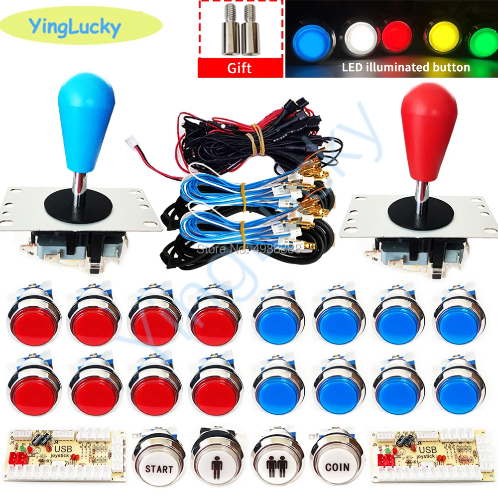 New DIY Joysticks Arcade Kit 2 Players USB Encoder with SANWA Joystick LED Silver-plated Button for PC to Raspberry Pi MAME