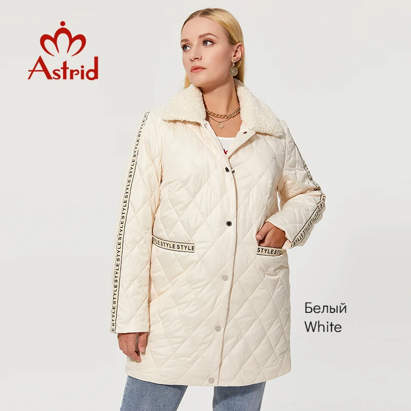 Astrid 2022 New Women's Autumn Quilted Jacket with Fur Zipper Letter Print White Long Coat Women Parkas Plus size Outerwear Tops