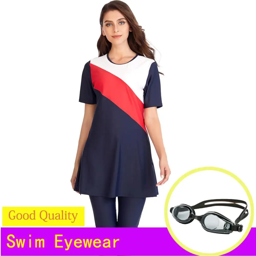 Muslim Swimwear Women Modest Patchwork Hijab Short sleeve Sport Swimsuit Islamic muslimah Burkinis Wear Bathing Suit