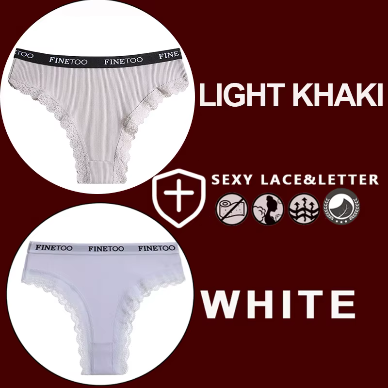 FINETOO 2PCS/Set Women's Cotton Panties Girls Letter Thongs Brazilian Pantys Sexy Lace Underwear For Woman Lingerie Bikini Panty