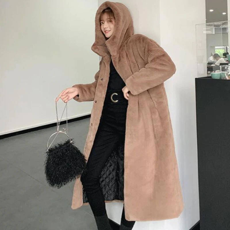 Winter Women High Quality Faux Rabbit Fur Coat Luxury Long Fur Coat Loose Lapel OverCoat Thick Warm Plus Size Female Plush Coats