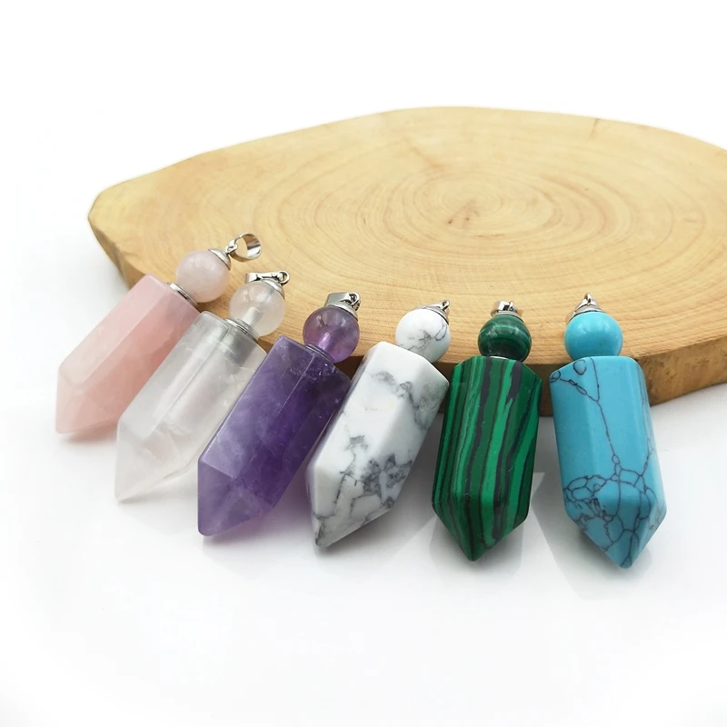 Gemstone Hexagon Prism Bottle Necklace, Essential Oil Vial Crystal Quartz Pendant, Howlite Sodalite, Picture Jasper Neckalce