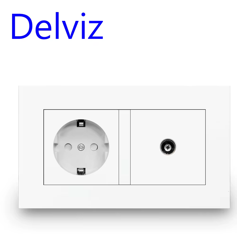 Delviz EU Standard TV Socket / Outlet, Home Television cable jack, 146mm*86mm White Panel, 2 Gangs Wall TV and 16A Power Socket